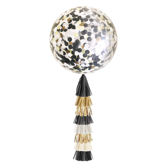 Jumbo Confetti Balloon & Tassel Tail - Black, White & Gold